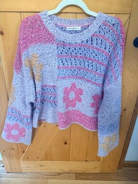 moon & madison Lavender Knit Sweater with Pink and Gold Floral Accents